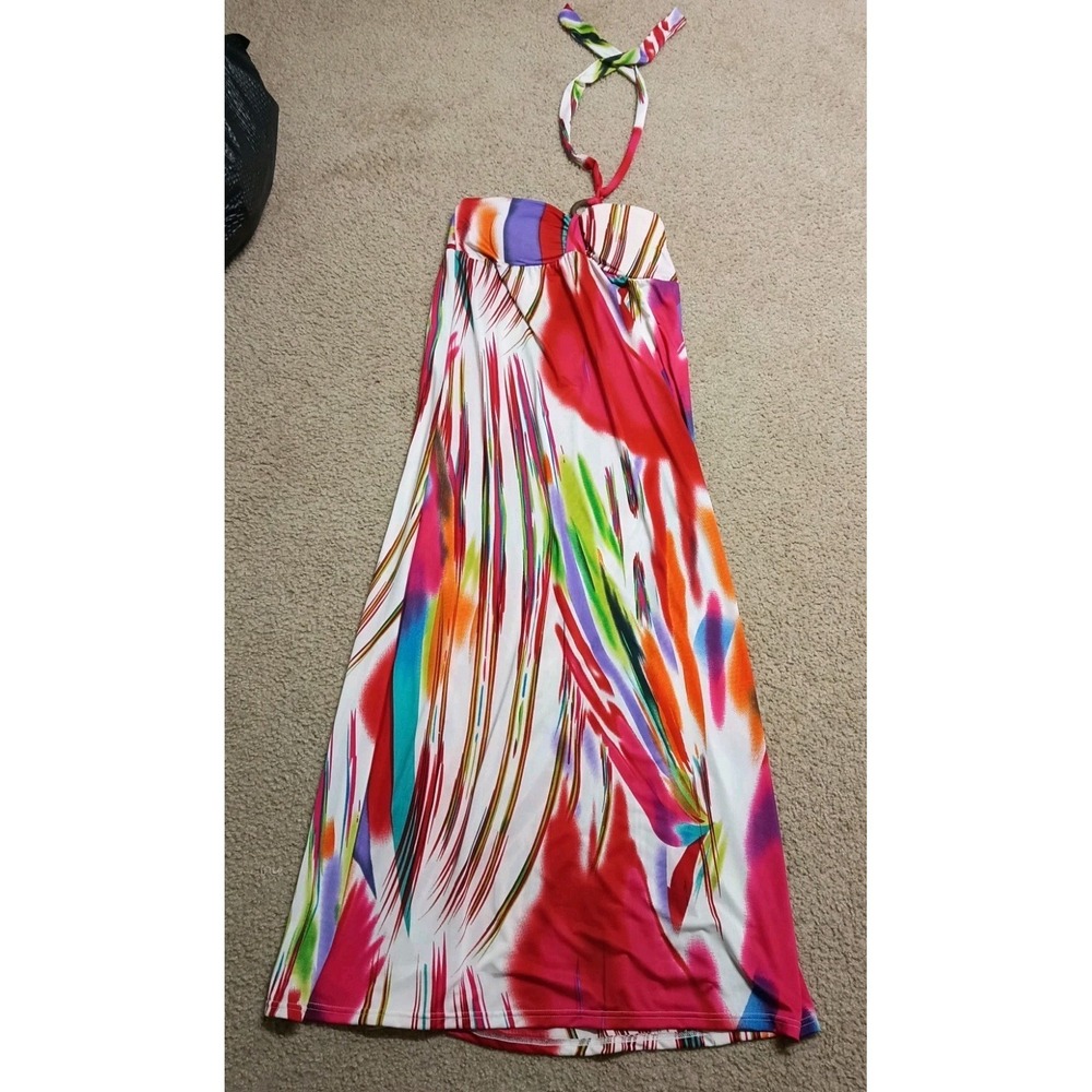 Papillon Women's Halter Maxi Dress Size Large Bright Abstract Multicolor Y2K